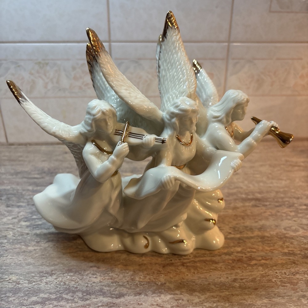 Mikasa Holiday Elegance porcelain 3 Angels Figurine - White with Gold Trim